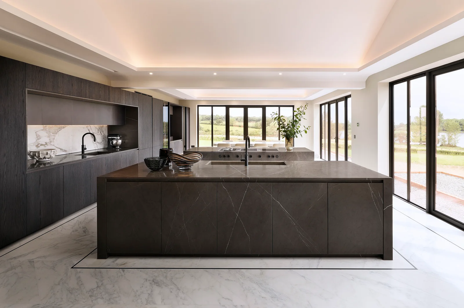 Kitchens — Marble Island, Dark Oak & Countryside View