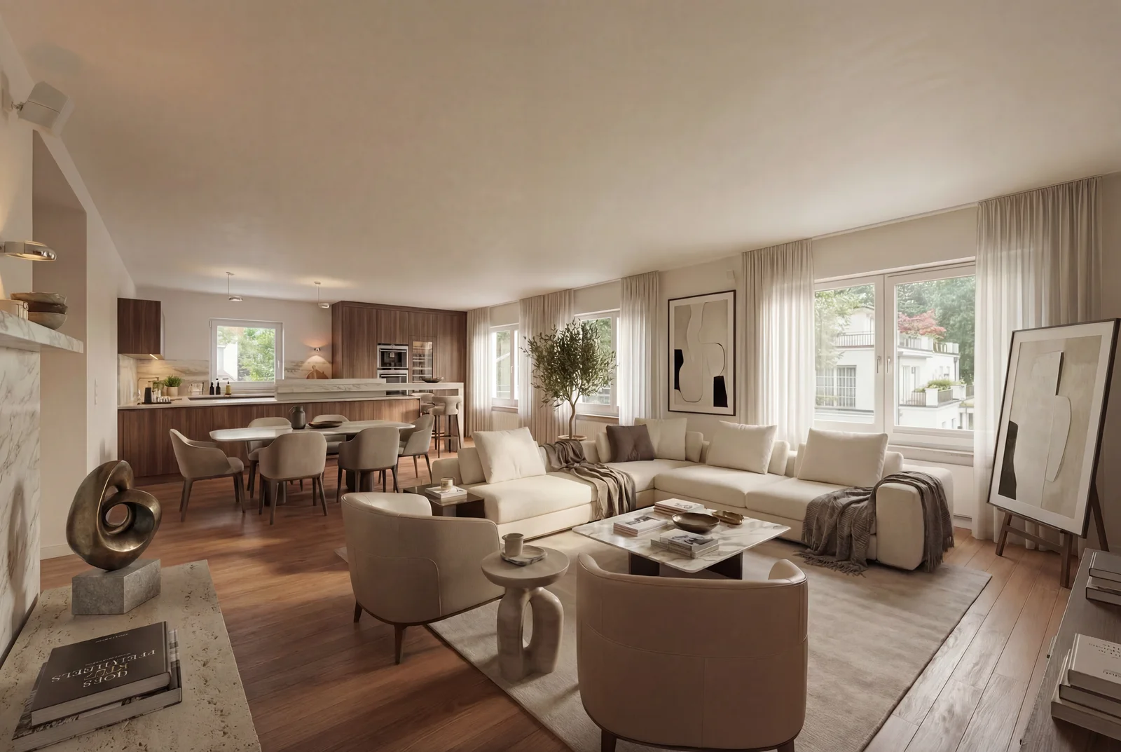 High-end open-plan living room interior design in Bogenhausen Munich by Maria Morgan Studio