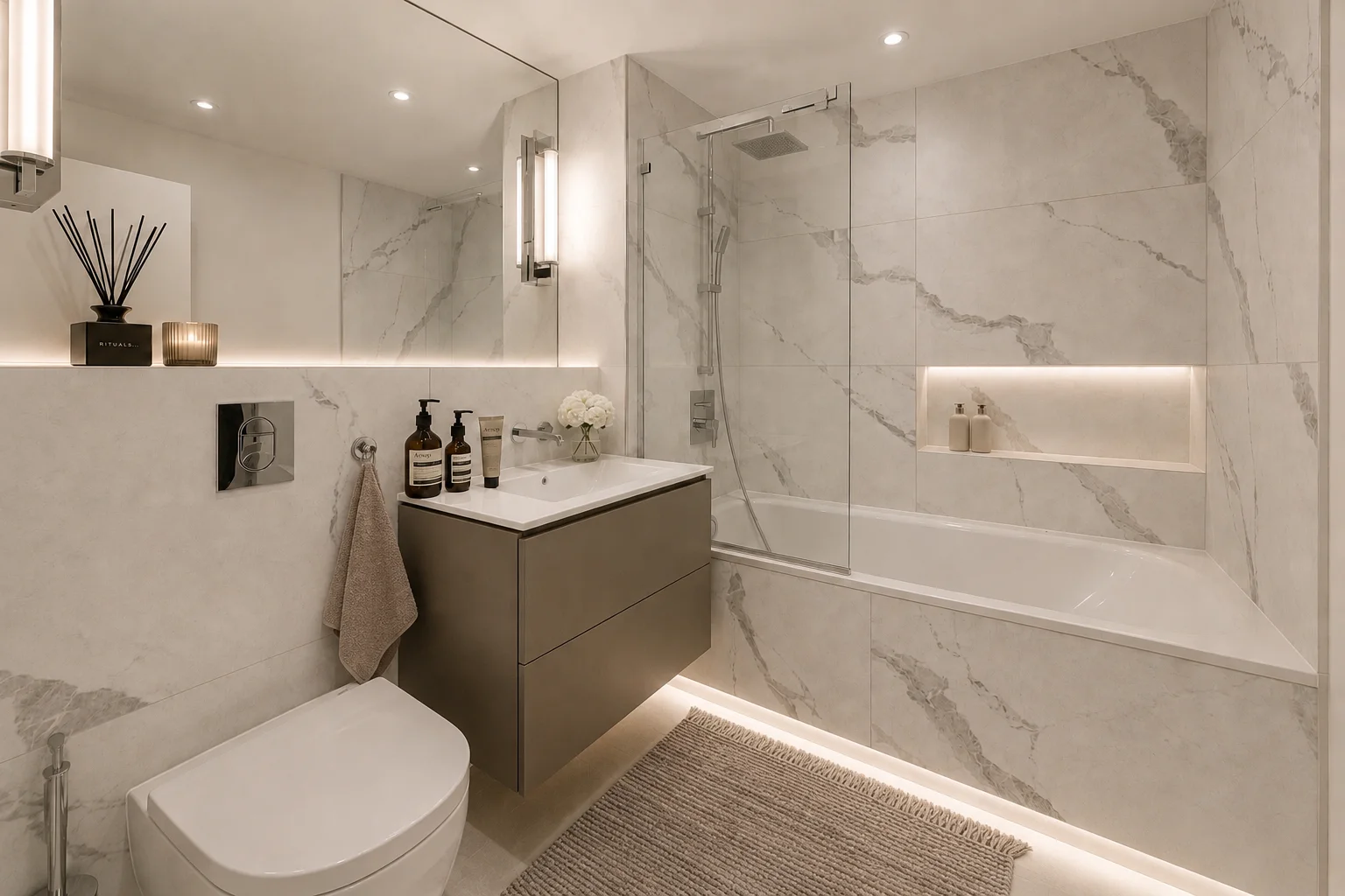 Family bathroom with marble-effect finishes and a bath — Hereford Road
