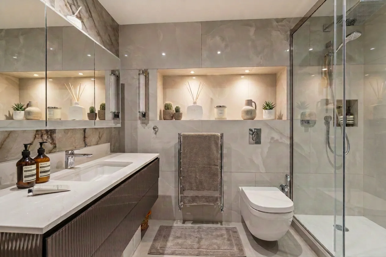 Shower room with glass enclosure and illuminated shelving — Hereford Road