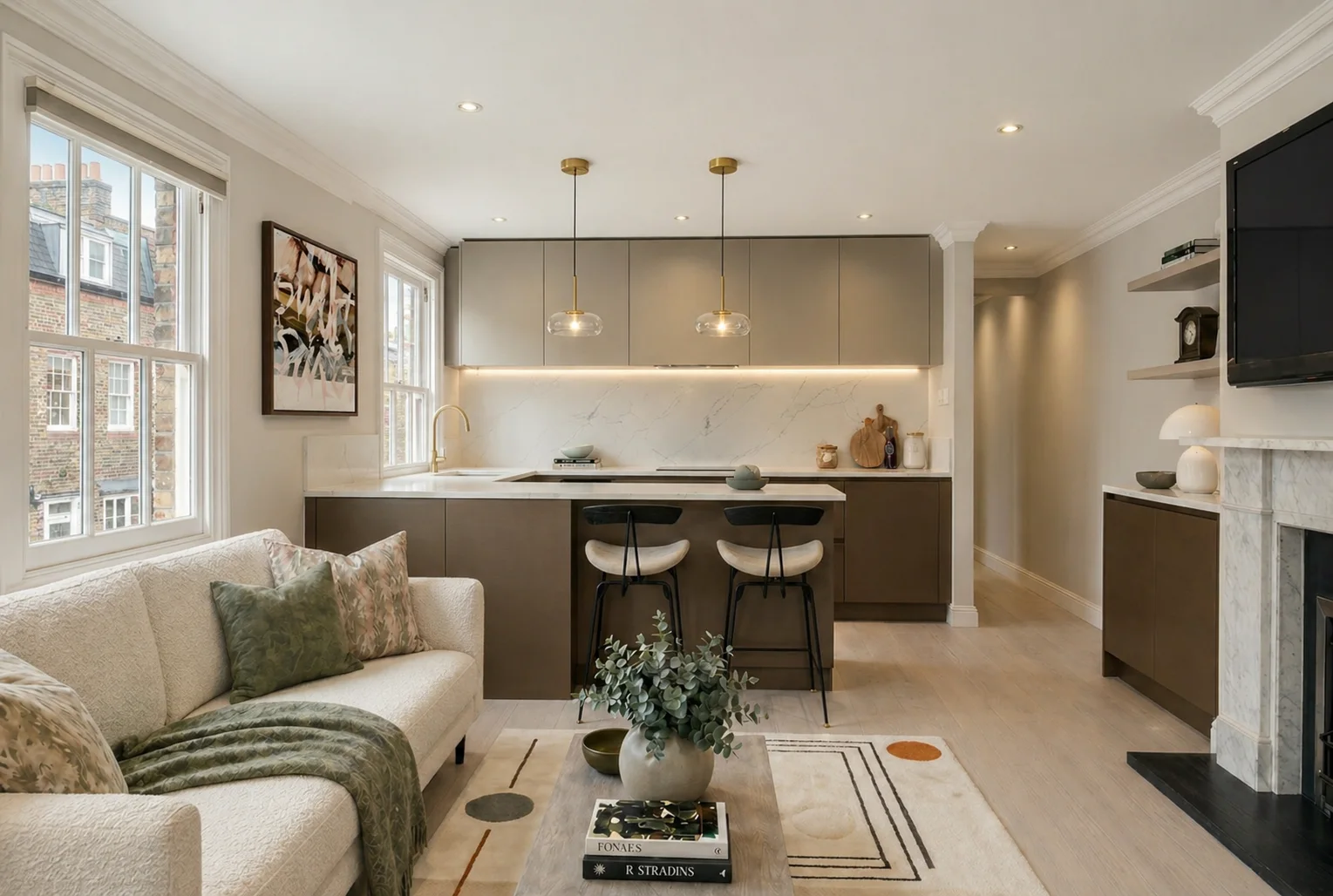 Open-plan kitchen and living space in a Bayswater apartment at Inverness Terrace