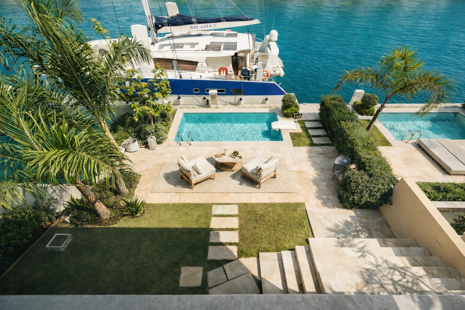Aerial view of the waterfront villa and private berth at Limassol Marina, Cyprus