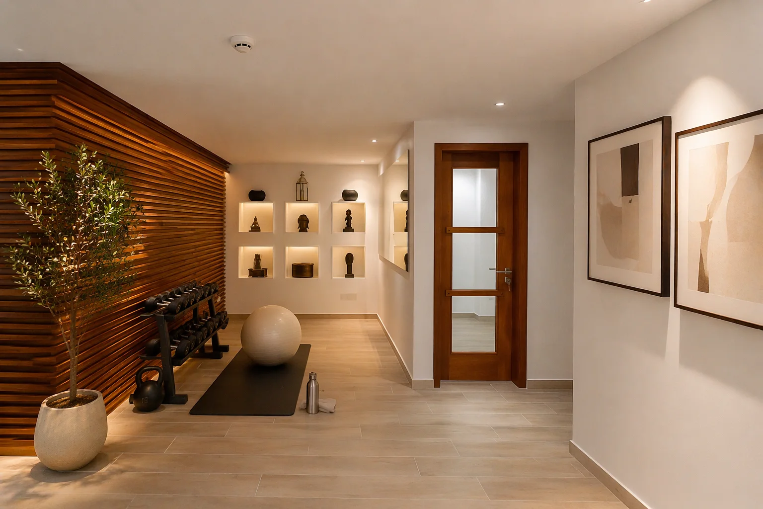 Private Gym — Sculpture Niches & Walnut Slats — Limassol Marina villa, Cyprus