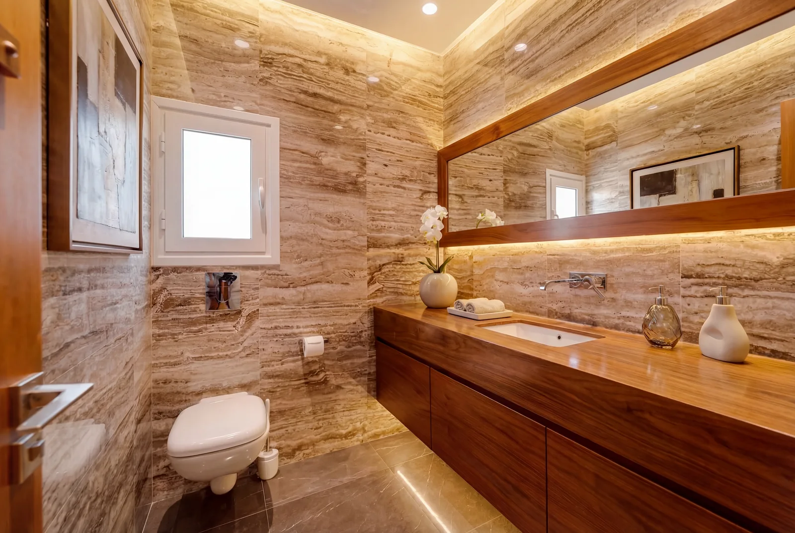 Master Bathroom — Travertine & Walnut — Limassol Marina villa, Cyprus